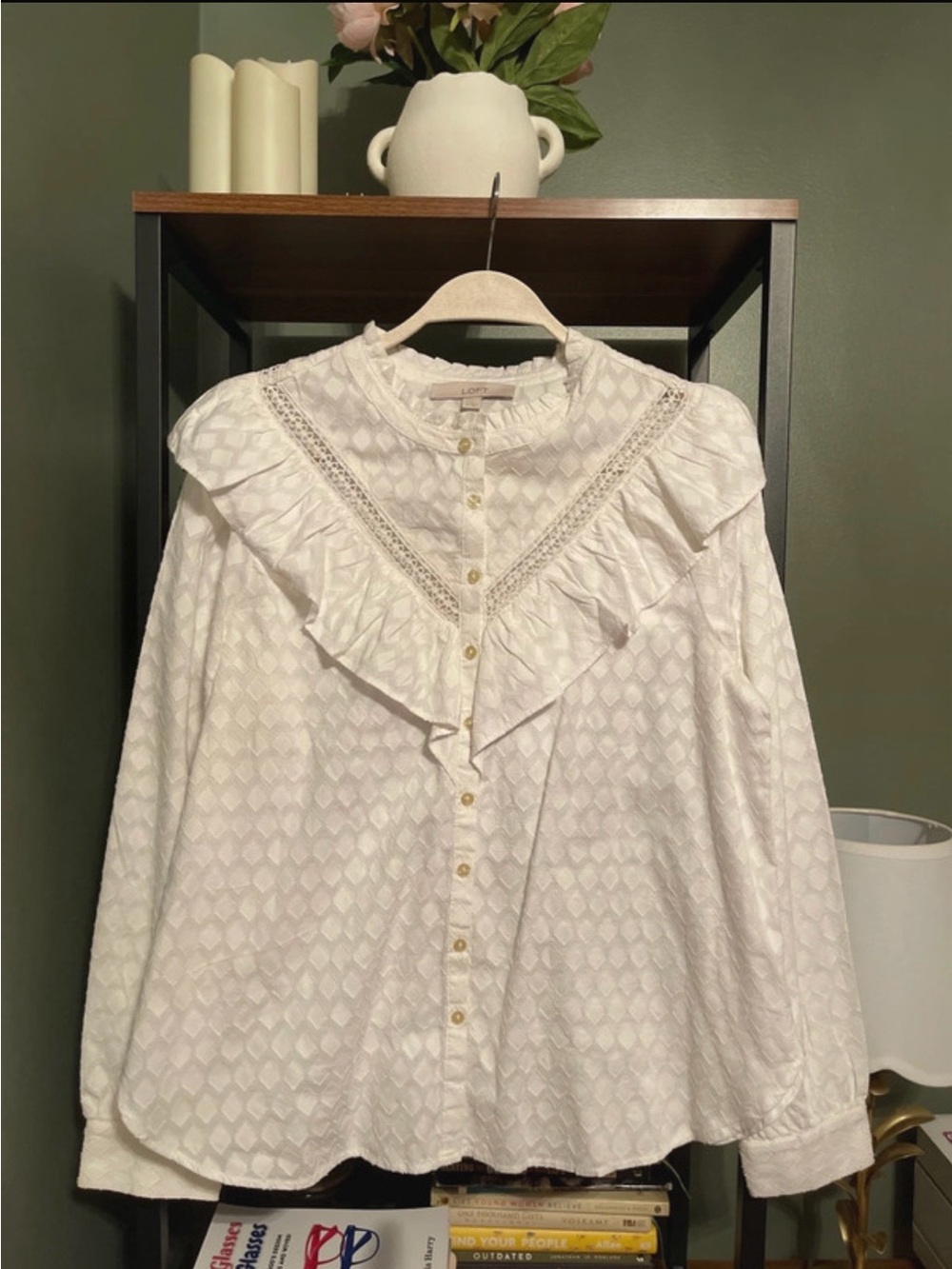 LOFT White Ruffled Lace-Trim Button Down Blouse